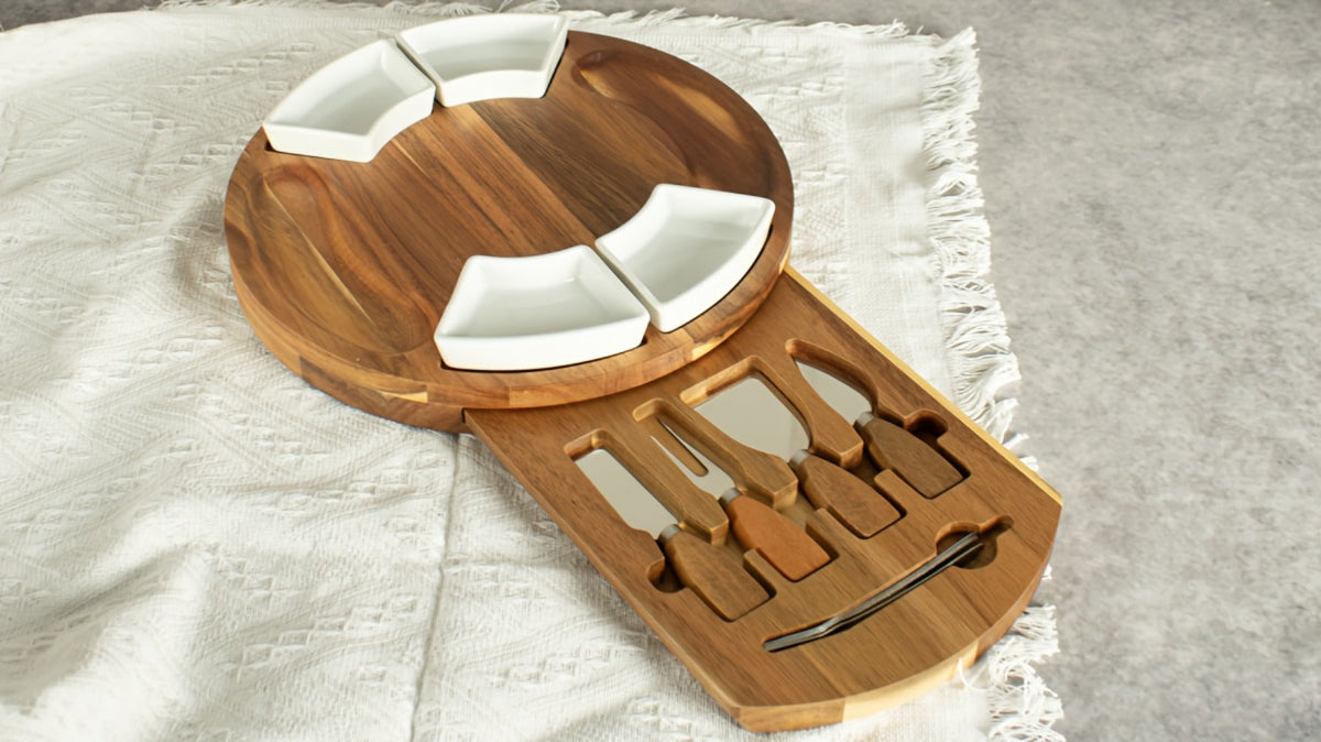 Acacia Wood Charcuterie Board Set Circular Cheese Board with Drawer Knife Set & Ceramic Bowls | Premium Serving Platter Gift Set for Housewarming Bridal Shower Wedding Birthday Wom - product image 8