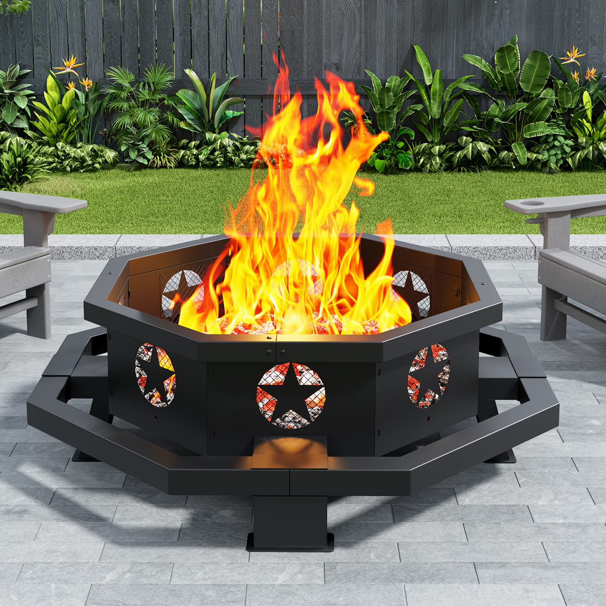 Extra Large Octagonal Fire Pit for Outside, Heavy Duty Steel Wood Burning Firepit for Backyard Patio Camping Garden, 43 & 45 Inch Outdoor Fire Bowl, Black - product image 6