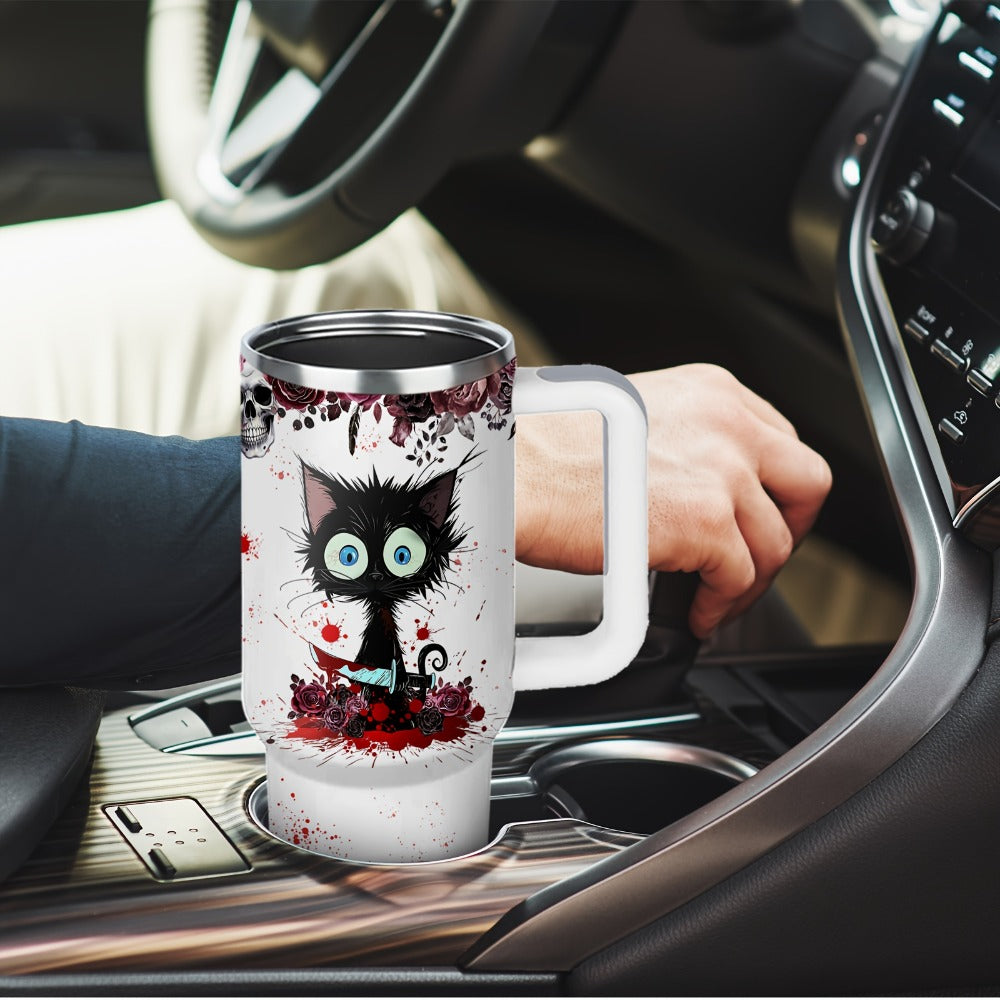 Halloween Horror Cat 40oz Insulated Tumbler with Lid and Straw – Stainless Steel Large Capacity Coffee Cup with Handle | Spooky Cat Mug for Halloween Gifts Office Home - product image 9