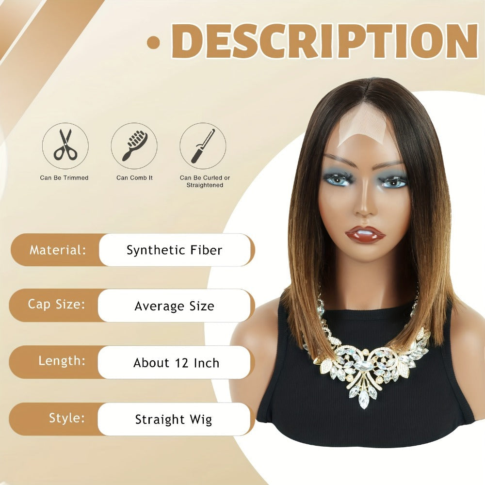 U Part 13x2 Lace Front Bob Wig Ombre Black Brown Straight Synthetic 12 Inch | Natural Hairline Lightweight Glueless for Women Daily Wear & Special Occasions - product image 4