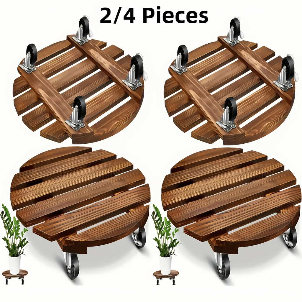 4 pcs Acacia Wood Rolling Round Plant Caddy for Plant Pots, Heavy Duty Plant Stand with 360° Lockable Wheels, 360Lbs Capacity Caddy for Indoor and Outdoor Use - product image
