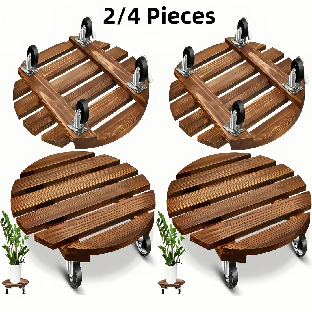 4 pcs Acacia Wood Rolling Round Plant Caddy for Plant Pots, Heavy Duty Plant Stand with 360° Lockable Wheels, 360Lbs Capacity Caddy for Indoor and Outdoor Use - product image