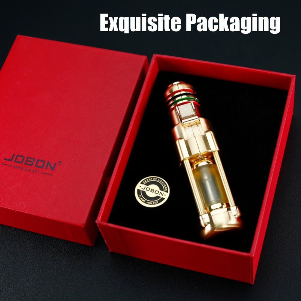 Butane Torch Lighter Windproof Jet Flame Zinc Alloy Refillable – Visible Fuel Tank, Adjustable Blue Flame, Rocket Design for Camping, BBQ, Cigar & Outdoor Use, Grey & Golden (No Bu - product image 2