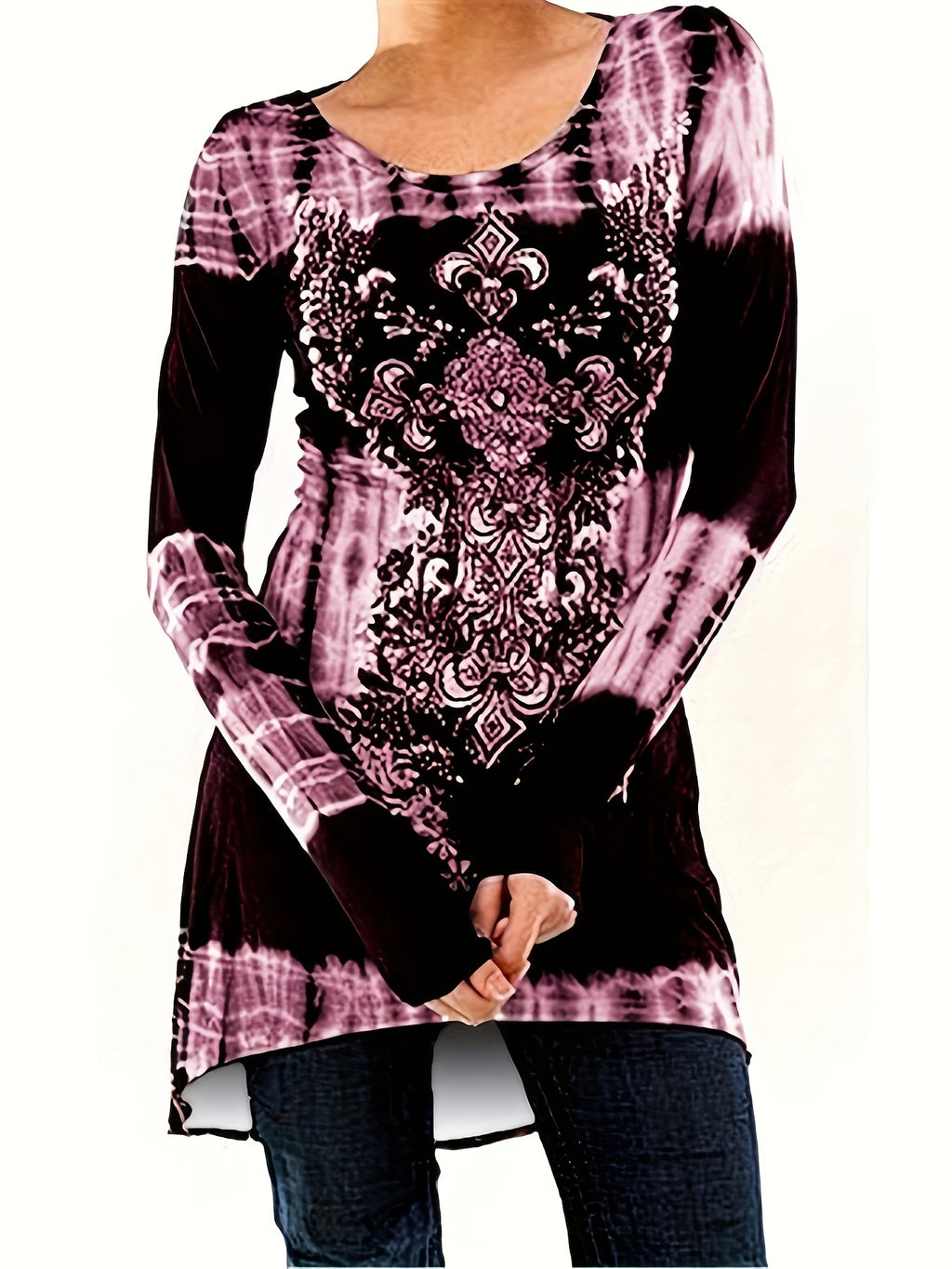 Plus Size, Plus Size Boho Top, Women's Plus Tie Dye Arabesque Print Long Sleeve Round Neck Slight Stretch Tunic Top - product image