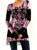 Plus Size, Plus Size Boho Top, Women's Plus Tie Dye Arabesque Print Long Sleeve Round Neck Slight Stretch Tunic Top - product image