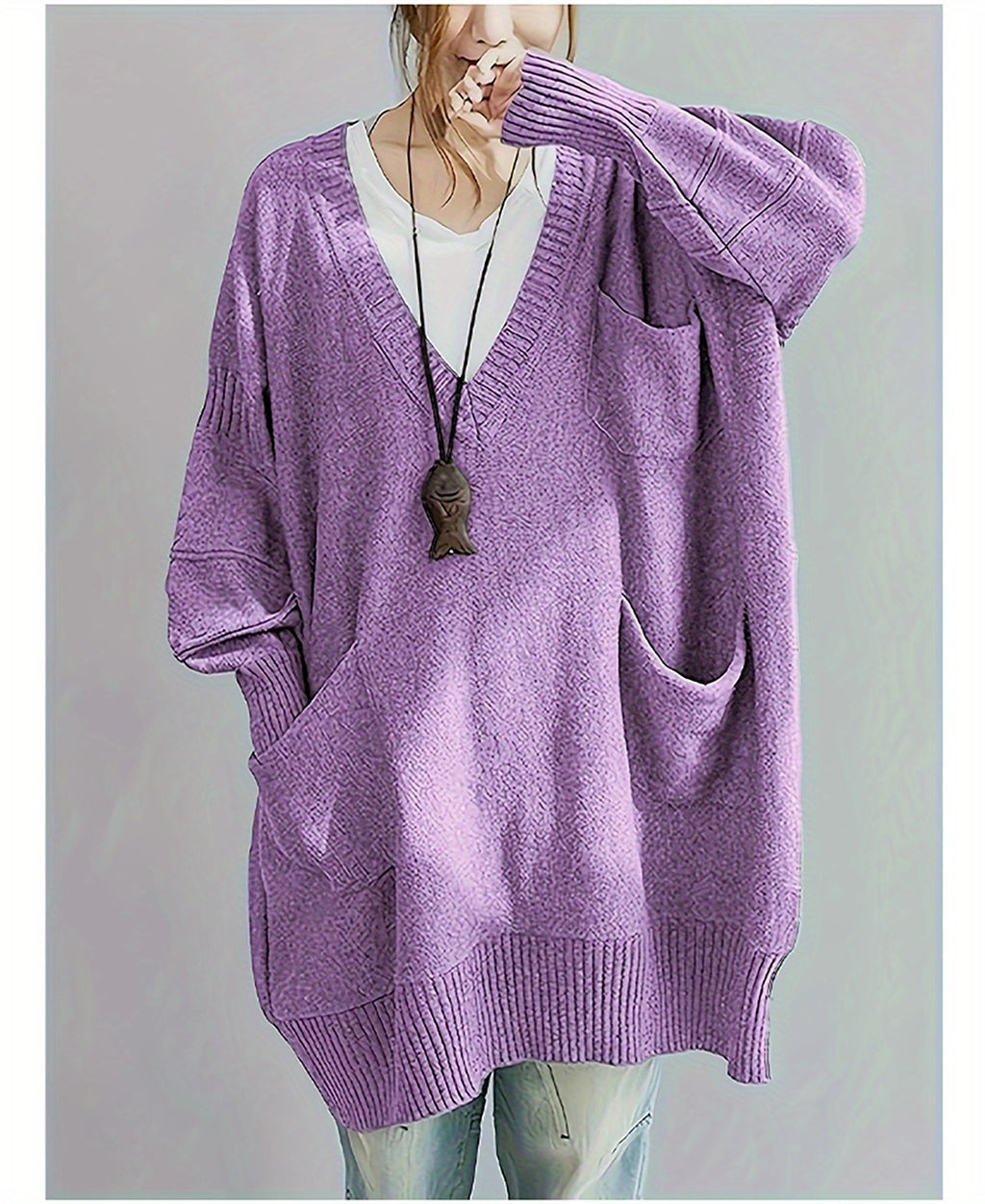 Plus Size, Women's Plus Size Oversized V-Neck Longline Sweater - Soft Machine-Washable Black Pullover for Fall Winter, Elegant Loose Fit Casual Chic Wardrobe - product image 19