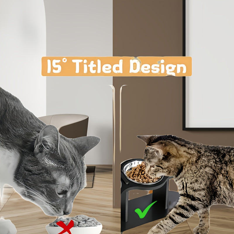Adjustable Height Stainless Steel Raised Feeder with Anti-Spill Black Wooden Base, Indoor Food & Water Dish for Cats & Small Dogs – Elevated Cat Bowl - product image 3
