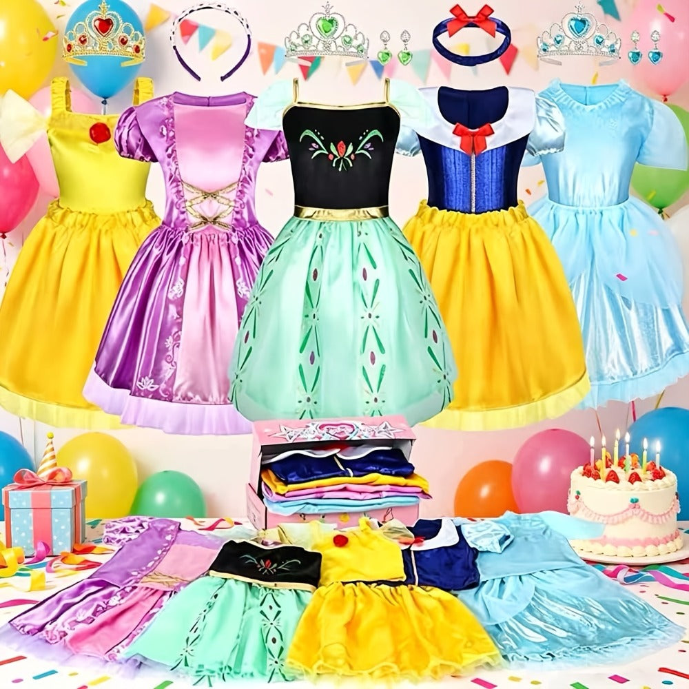 5 Role Play Outfits with Crowns, Earrings & Storage Box, Toddler Princess Costumes for Girls Ages 3-6, Birthday Gift | Girls Princess Dress Up Costume Set 14pcs
