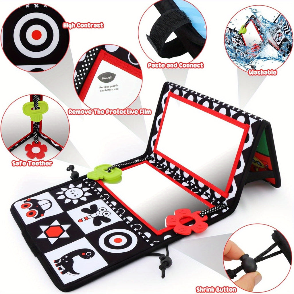 Double-Sided Tummy Time Floor Mirror with Teethers - Black & White High Contrast Baby Toys for Sensory Development, Crawling Aid with Interactive Animal & Geometric Patterns