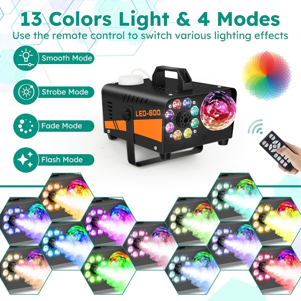 Smoke Machine, Fog Machine with Disco Ball Lights, 600W and 3000CFM with 13 Colorful LED Lights Effect, Wireless Remote Control, Suitable for Parties - product image 12