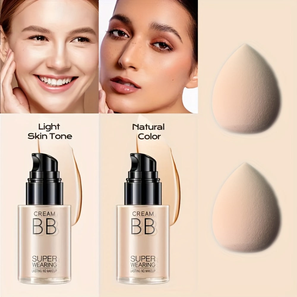Moisturizing BB Cream Liquid Foundation Set 2-Piece with Makeup Sponge — Flawless Long-Lasting Medium Coverage Skin-Isolating Concealer for All Skin Types Women Natural & Light Bei - product image