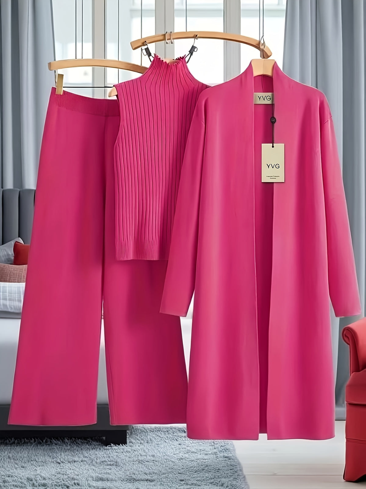 Genuine - Women's Autumn and Winter New Loose Set: Long Wide-Leg Pants + Shawl Cardigan + High-Collar Sweater Vest Fashion Three-Piece Set