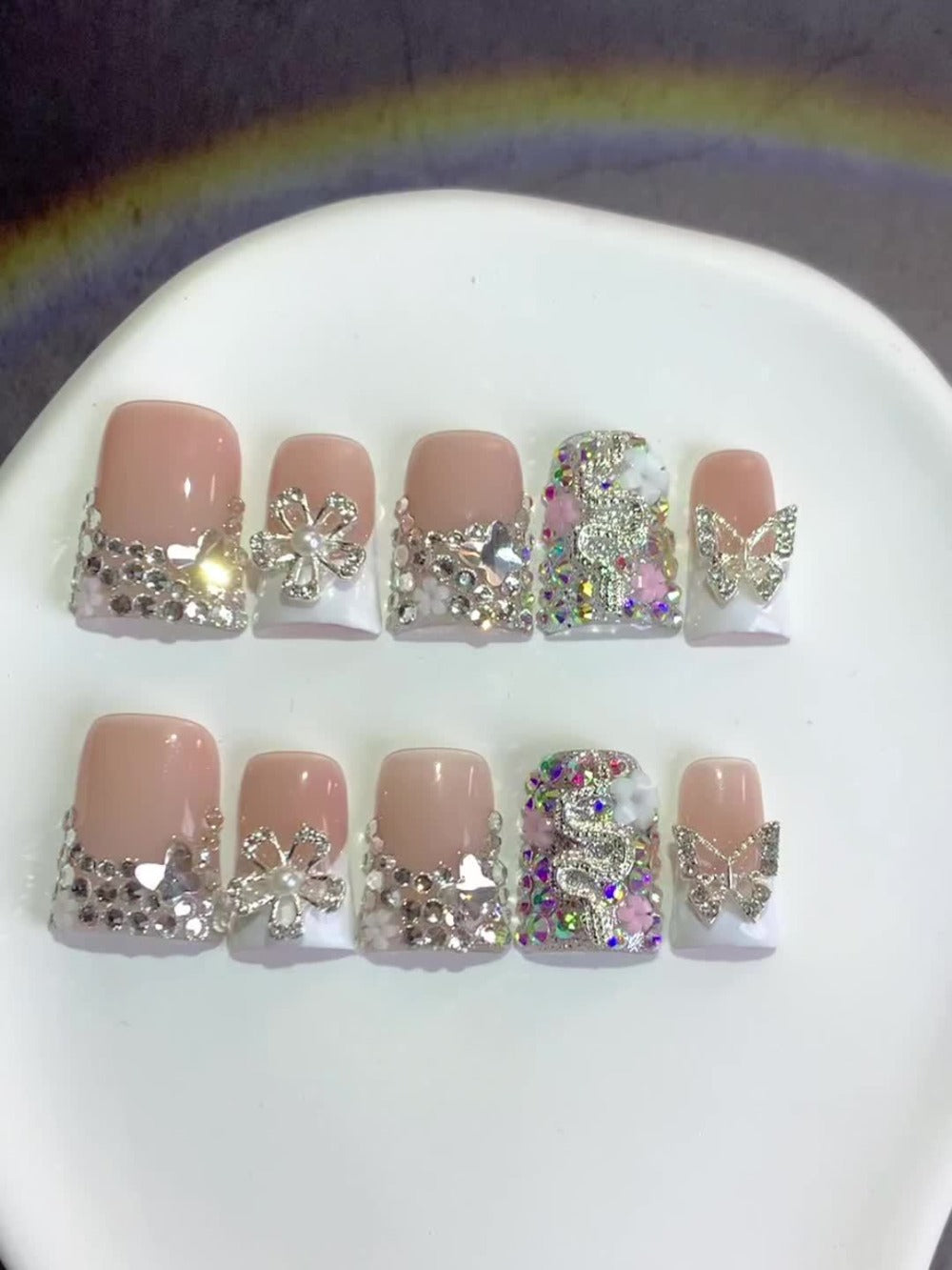 Ugly Cute Duckbill Press On Nails White French Style – Colorful AB Iridescent Floral Full Cover Handmade Acrylic Fake Nails for Daily Use, Parties & Birthday Gifts, 10pcs S/M/L - product image 8