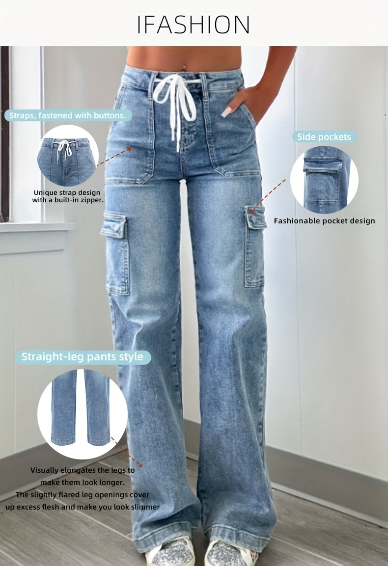 New Style Women's Leisure Straight-Leg Jeans with Laces and Multiple Pockets, Casual Fashion Denim Fabric Sweatpants Jeans Fit Women's Clothing - product image 5