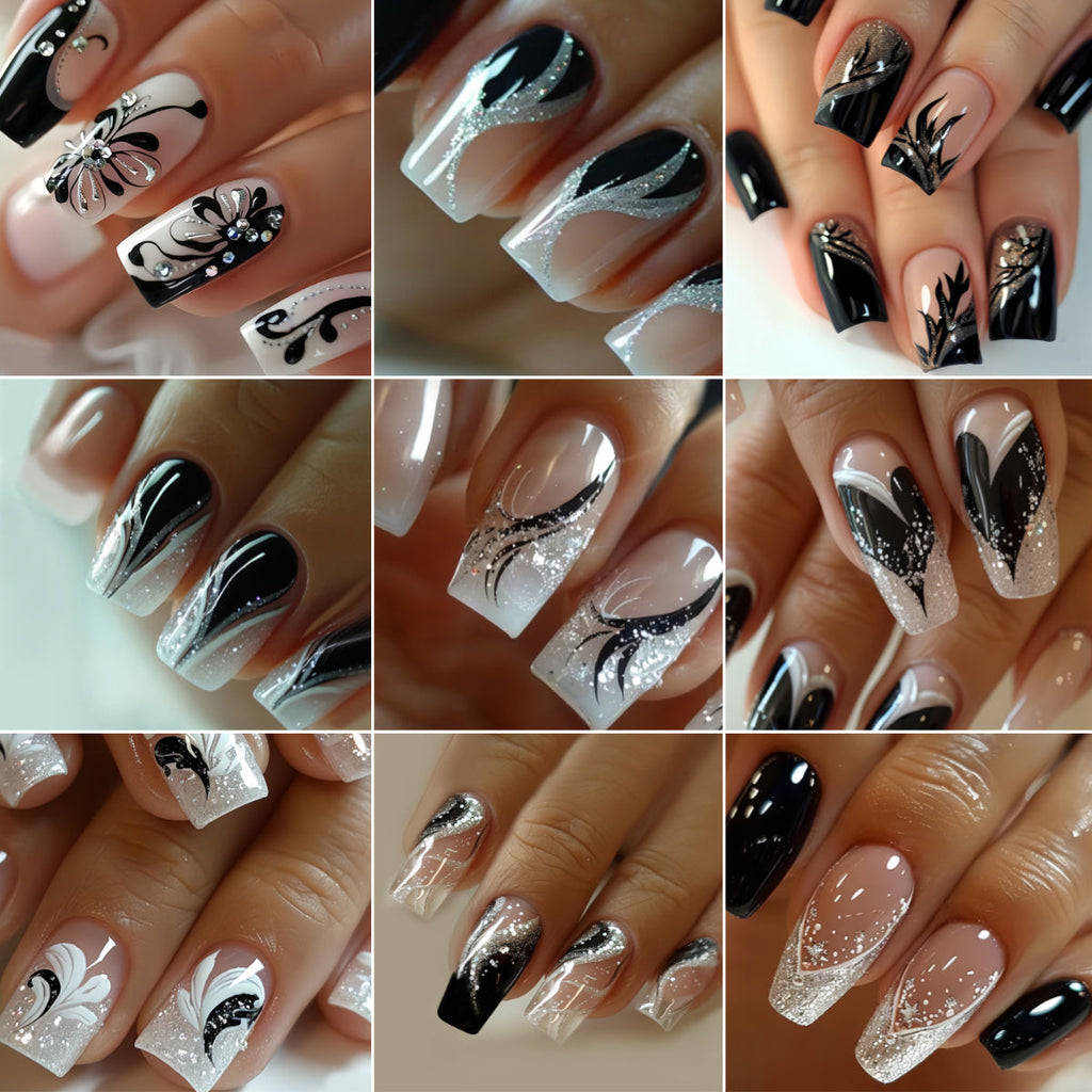 Black White Square Press On Nails 216 Pieces 9 Packs – 3D Butterfly Floral Fox Tail Glitter Marble Geometric Designs | Glossy Full Cover Acrylic Nails with Jelly Glue & File for Wo - product image 6