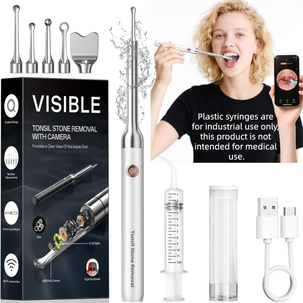 Visual Tonsil Stone Remover with 1080P HD Camera – 6 LED Lights, 5 Stainless Steel Heads, Bad Breath Prevention, iOS & Android Compatible, At-Home Tonsil Care Kit - product image