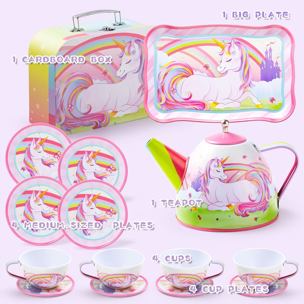 Pretend Play Pink Tin Teapot with Cups, Plates & Carrying Case, Magical Rainbow Design, Birthday Christmas Gift for Kids Ages 3+ | Unicorn Tea Party Set for - product image 4