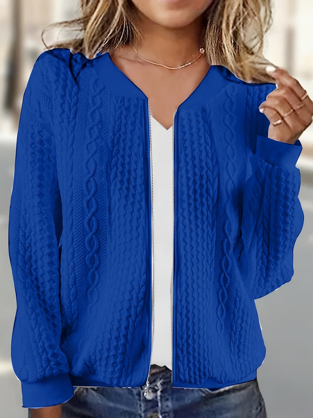 Plus Size, Plus Size Zip Up Textured Solid Jacket, Casual Long Sleeve Outerwear for Fall & Spring, Women's Plus Size Clothing - product image 7