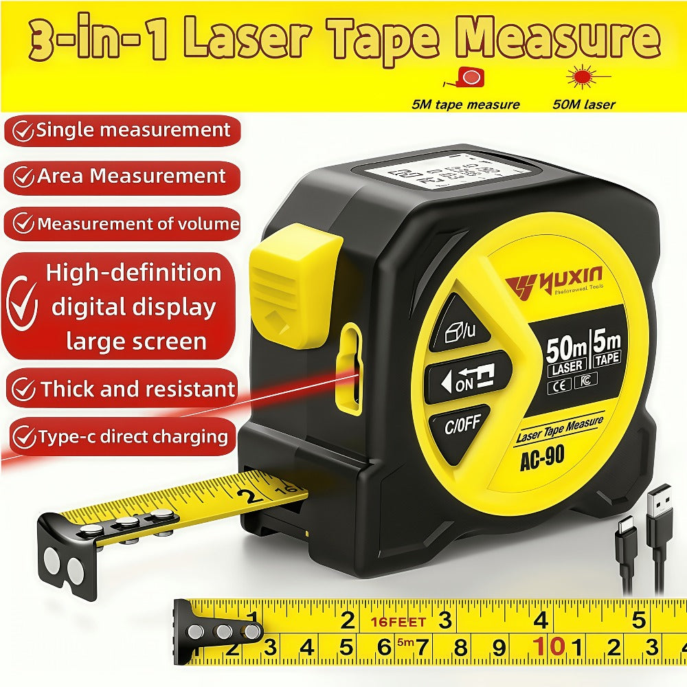Laser Tape Measure 3-in-1 Digital Distance Meter 50M 165ft High Precision Infrared Rangefinder Smart HD Display USB Charging M In Ft Unit Switching Portable Measuring Tool - product image