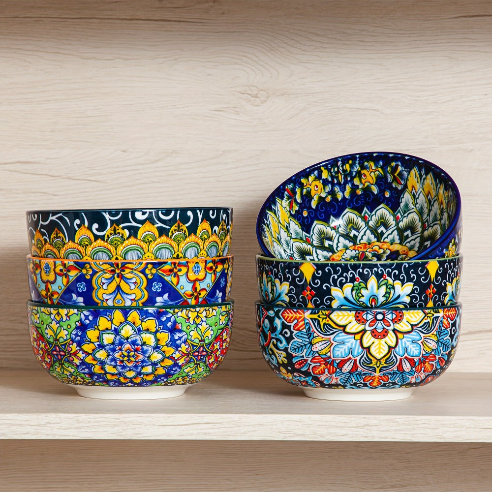 Cereal Bowl Set of 6 Bohemian Style 26oz – Colorful Ceramic Bowls for Cereal Soup Oatmeal Salad Ice Cream Pasta Microwave Dishwasher Safe Boho Kitchen Decor Gift for Home - product image 2