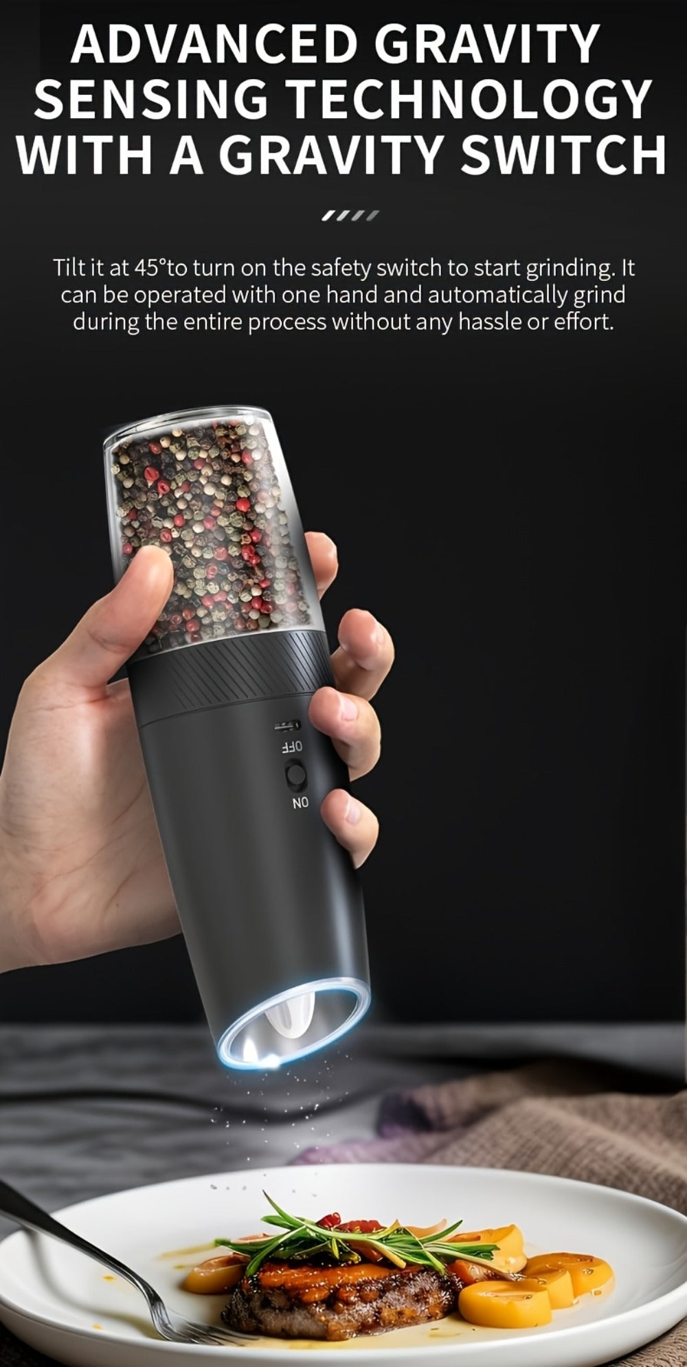 Electric Salt and Pepper Grinder Gravity Sensing USB Rechargeable with LED Light, One-Hand Operation Automatic Pepper Mill Adjustable Coarseness, Battery or Type-C Powered Kitchen  - product image 16