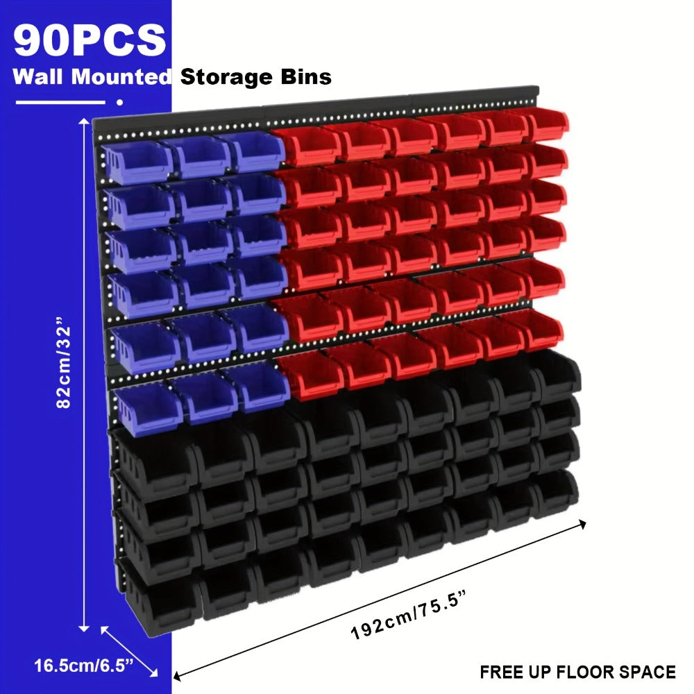 Wall Mounted Storage Bin Rack System – Heavy Duty Small Parts Organizer for Screws, Nuts, Bolts & Nails | Stackable Garage Workshop Tool Storage Rack | 30/60/90 Bins Hardware Organ - product image