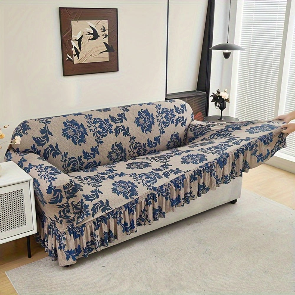 Stretch Sofa Cover Slipcover High-Stretch Fabric Ruffle Skirt Non-Slip Rod All-Season Snug Fit for 1 2 3 4 Seater Couch — Dark Blue with Pillow Cover - product image 12