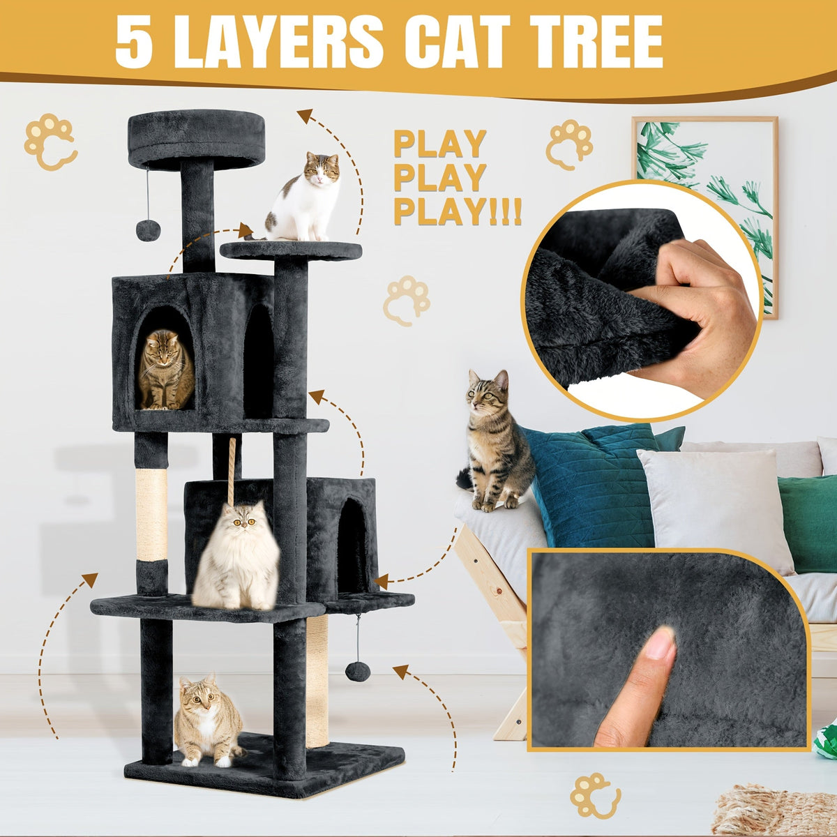 Cat Tree Tower 59 Inch Large Multi-Level Cat Tower for Indoor Cats with Plush Resting Area, Sisal Scratching Post & Hanging Ball Toy | Tall Cat Furniture for - product image 5