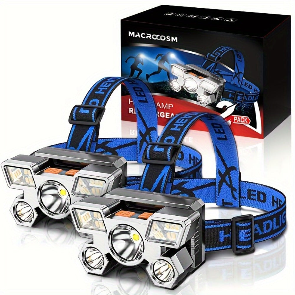LED Headlamp 2 Pack USB Rechargeable IP44 Waterproof | 5 LED Multi-Mode Head Flashlight | Hands-Free Light for Camping Running Fishing Hiking Outdoor Adventures - product image 9