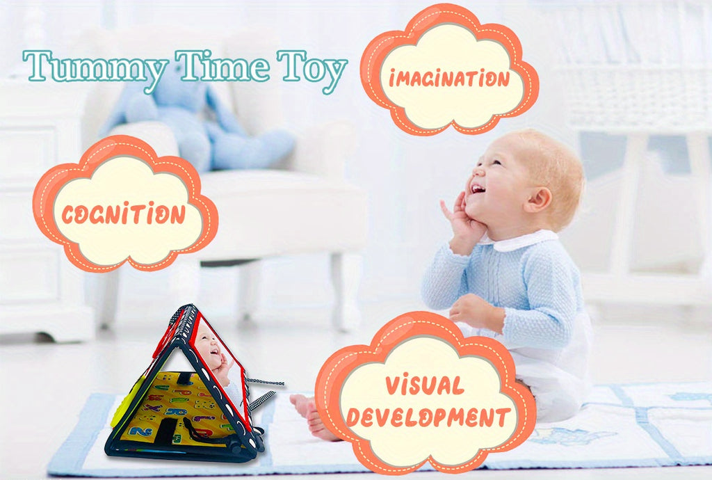 Double-Sided Tummy Time Floor Mirror with Teethers - Black & White High Contrast Baby Toys for Sensory Development, Crawling Aid with Interactive Animal & Geometric Patterns