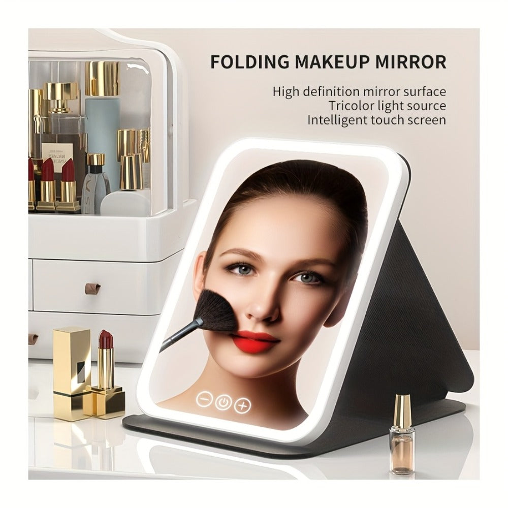 Portable LED Makeup Mirror Folding with Touch Screen - USB Rechargeable Vanity Mirror, Tri-Color Dimmable Lighting, Travel Desk Tabletop, Square or Round Shape, Pink or White, Cord - product image 16