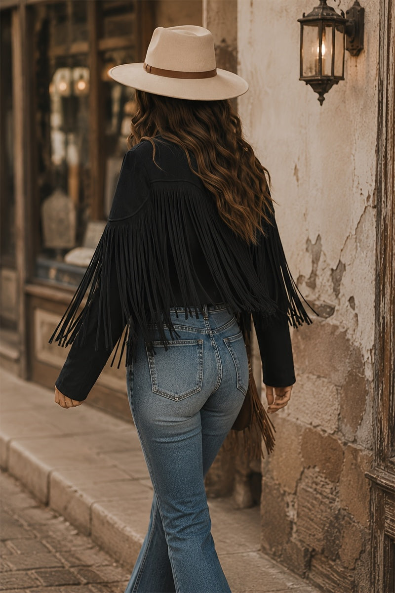 Women's Faux Fringe Jacket, Motorcycle Short Outerwear, 2026 Western Style Fashion Autumn/Winter Long Sleeve Denim Cardigan Jacket, Deer Velvet Faux Fringe - product image 8