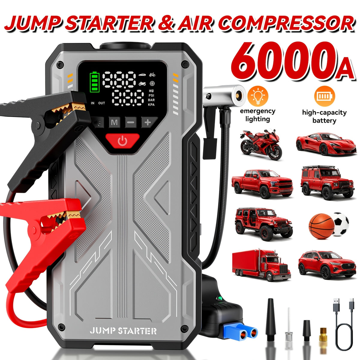 9-in-1 Portable Jump Starter with Air Compressor, 12V Car Battery Jump Starter, Portable Car Battery Charger, Fits 2.11gal Gas/ 1.72gal Diesel Fast Car - product image 9