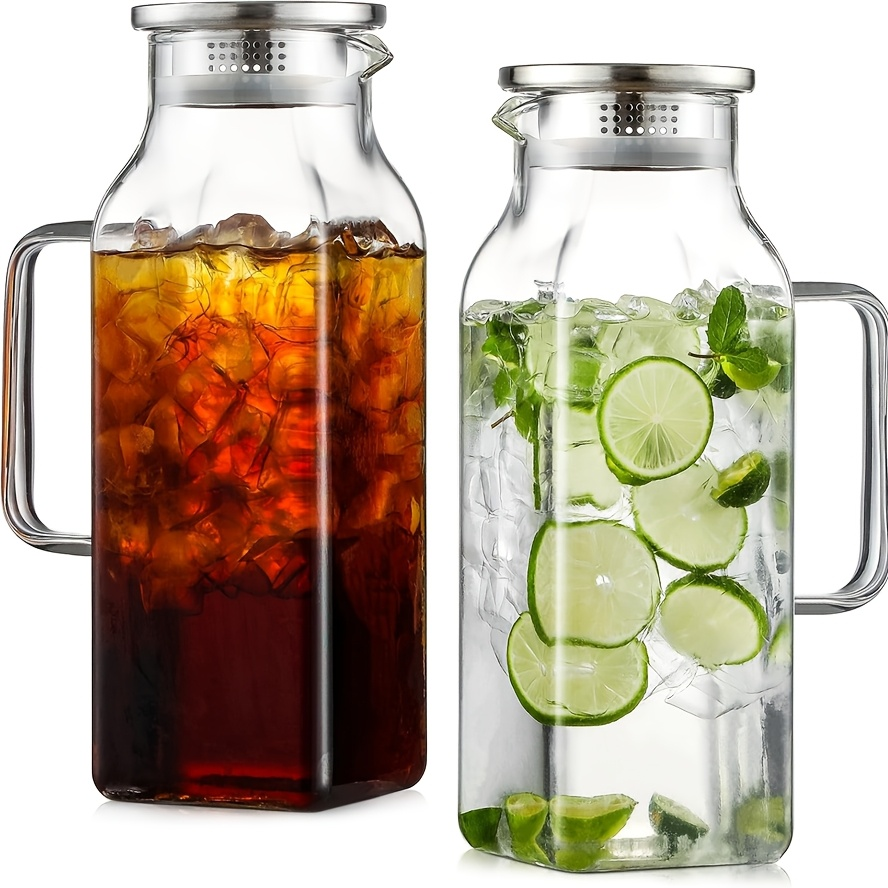 Glass Pitcher with Lid & Handle 68oz – Square Borosilicate Water Jug for Fridge – Heat Resistant Iced Tea Carafe, Cold Brew Coffee Server & Beverage Pitcher for Juice, Milk & Sangria