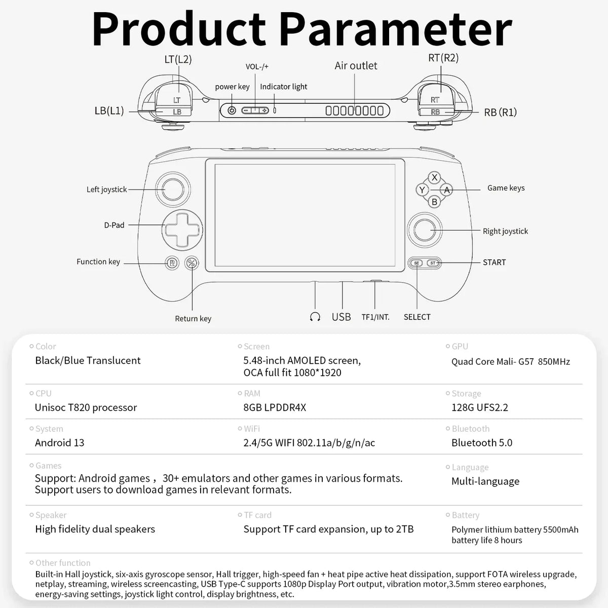Anbernic RG556 Android 13 AMOLED Retro Handheld Game Console 5.48-Inch 1080p Hall Joystick Active Cooling HDMI 8GB RAM 30+ Emulators PS2 GameCube Upgraded Gaming Gift