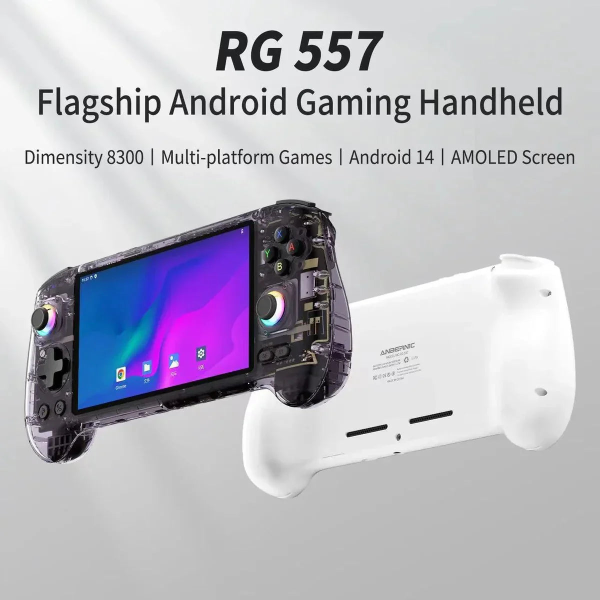 Anbernic RG557 Android 14 AMOLED Retro Handheld Game Console 5.48-Inch 1080p Dimensity 8300 12GB RAM 256GB WiFi 6E 5500mAh Hall Effect Triggers RGB Joystick Gaming Gift for Home Ambiance & Task Lighting