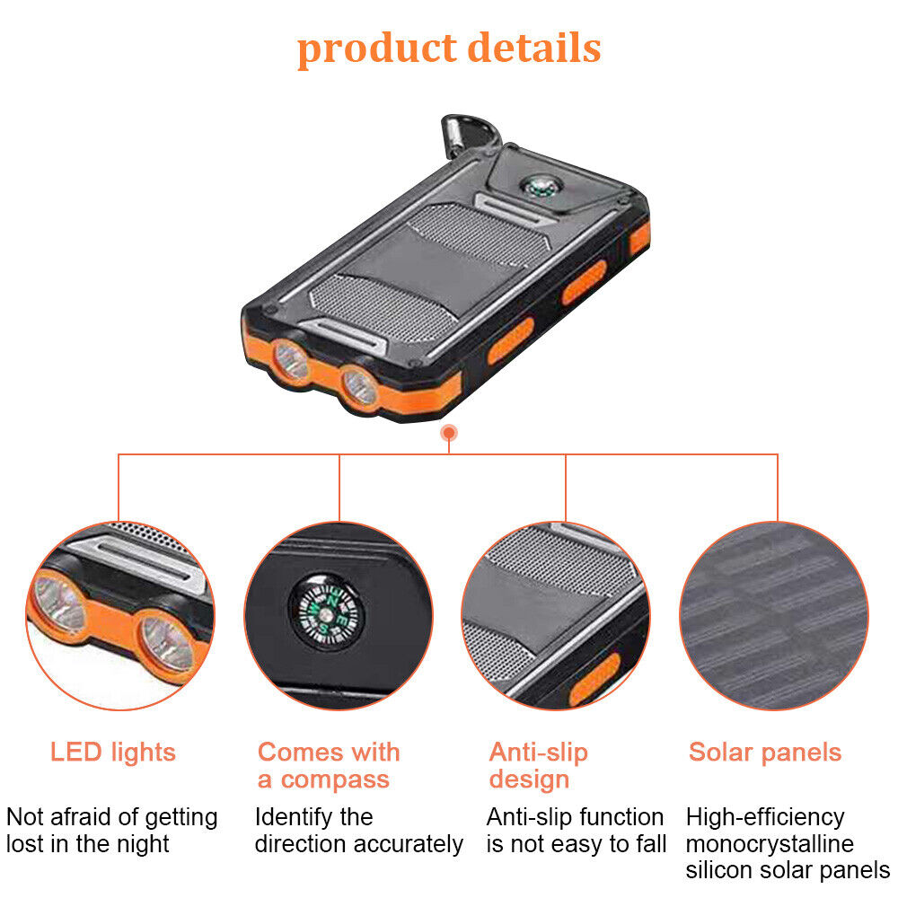 Solar Power Bank 10000mAh Waterproof Travel-friendly Charger with LED Light - product image 8