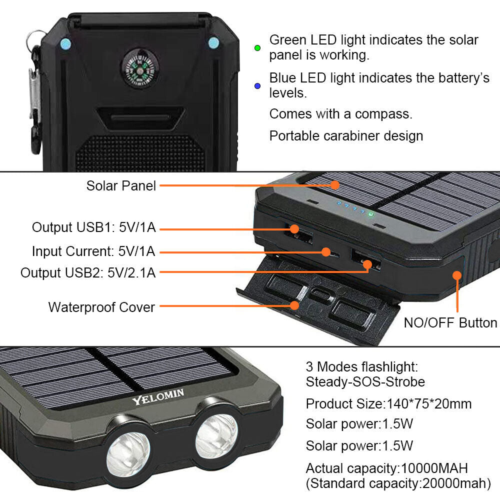 Solar Power Bank 10000mAh Waterproof Travel-friendly Charger with LED Light - product image 9