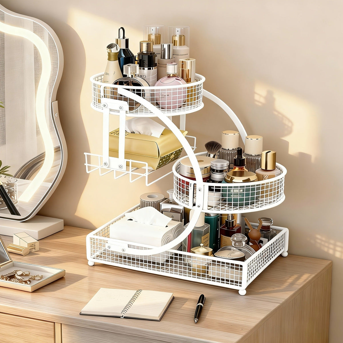 3-Tier Metal Makeup Organizer with Round Baskets Anti-Rust Vanity Storage Rack with Tissue Holder Space Saving Cosmetic Organizer Gift for Women - product image 12