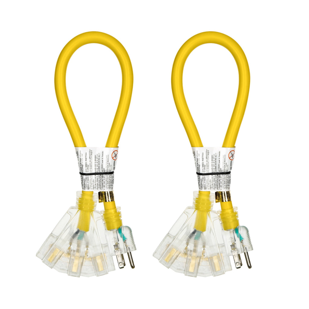 Heavy Duty Extension Cord Splitter Tri-Tap 2-Pack – 15A SJTW Contractor Grade, LED Lighted Plug, 2ft Yellow Jacket for Outdoor & Job Site Use - product image 16