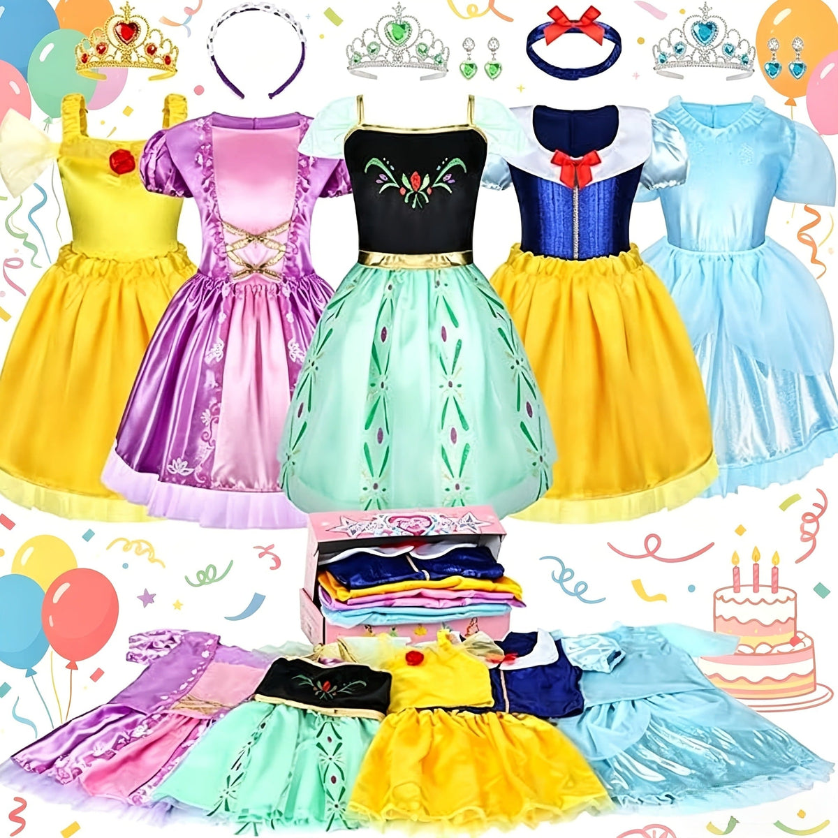 5 Role Play Outfits with Crowns, Earrings & Storage Box, Toddler Princess Costumes for Girls Ages 3-6, Birthday Gift | Girls Princess Dress Up Costume Set 14pcs