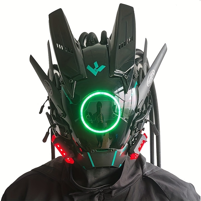 LED Punk Mask with Tubular Braids & Helmet | Futuristic Sci-Fi Mechanical Cosplay Mask for Halloween, Rave Music Festival & Party, Blue Green Pink, Handmade - product image 37