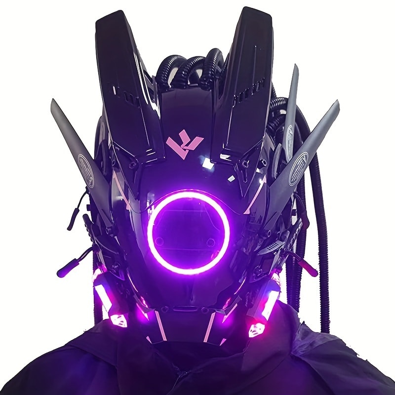 LED Punk Mask with Tubular Braids & Helmet | Futuristic Sci-Fi Mechanical Cosplay Mask for Halloween, Rave Music Festival & Party, Blue Green Pink, Handmade - product image 38