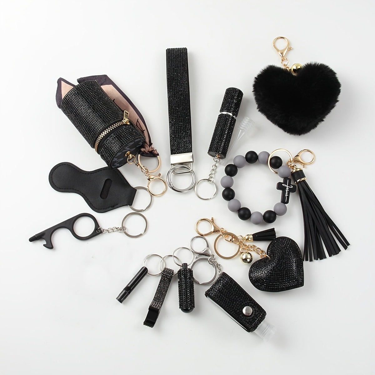 Safety Gadgets with Window Breaker Whistle Hand Sanitizer Holder Perfume Bottle Beaded Bracelet PU Tassel, Holiday Birthday Gift Box | Rhinestone Keychain Set - product image 12